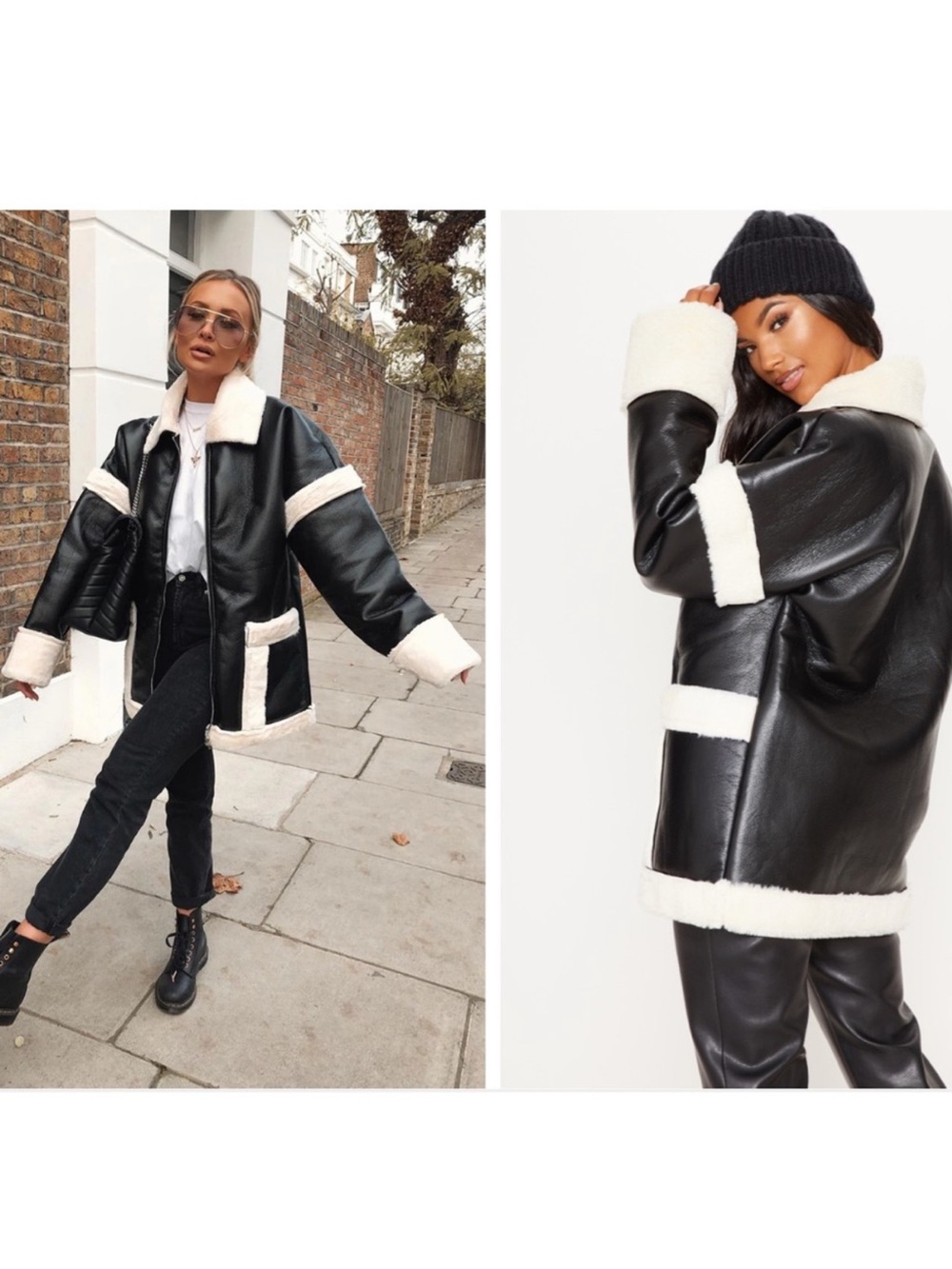 Prettylittlething Faux Leather Black & Cream Shearling Jacket